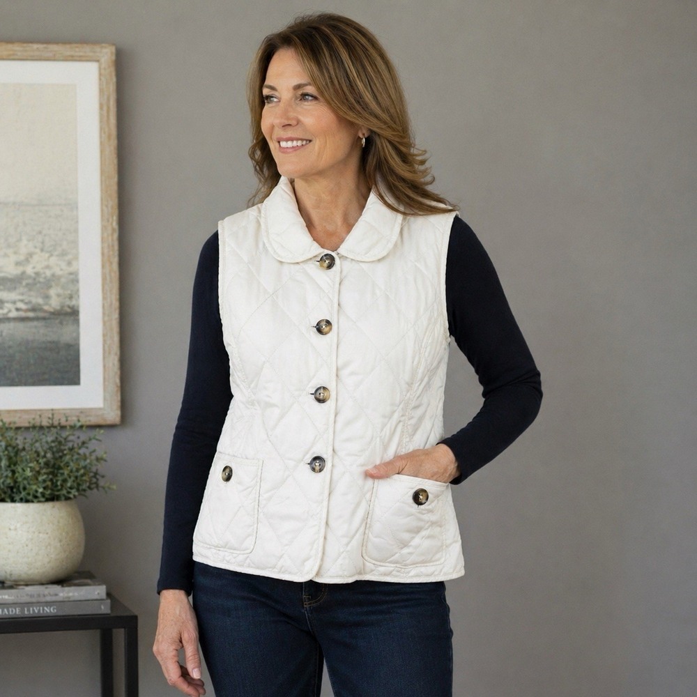 Talbots Petite Large Quilted Down Puffer Vest Ivory Button Front Pockets